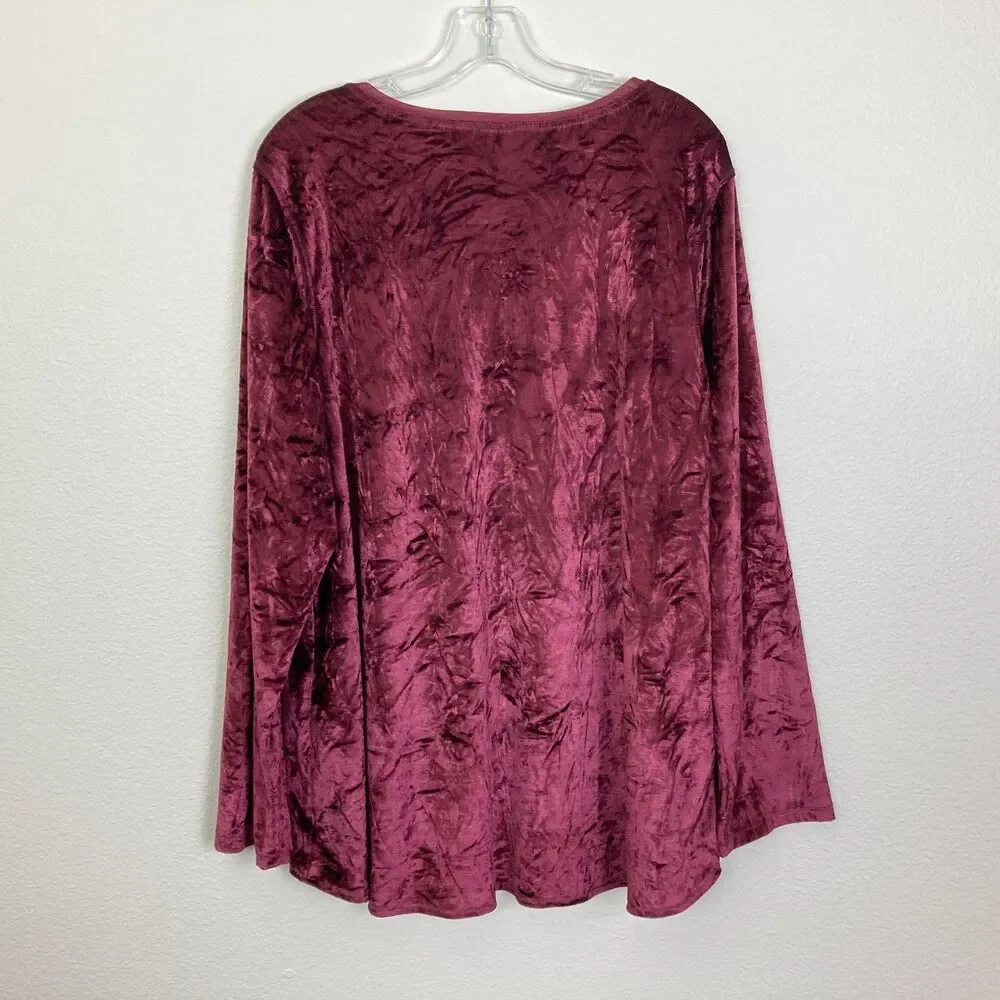 Great Northwest Indigo Women's Shirt Size 1X Burgundy Stretch Crushed Velvet